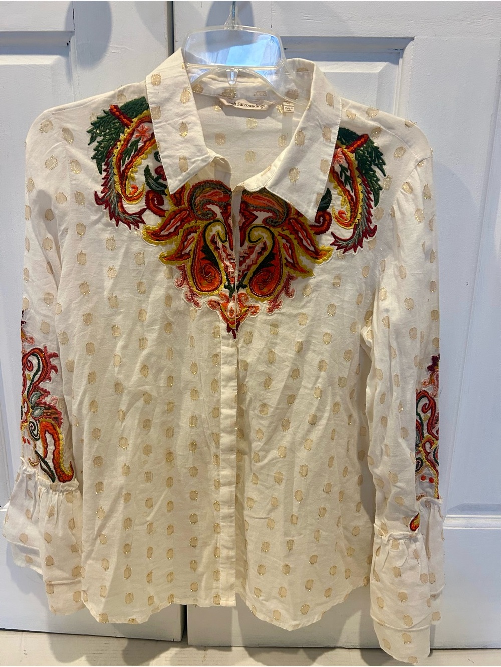 Embroidered Cream Button-Front Women's Blouse